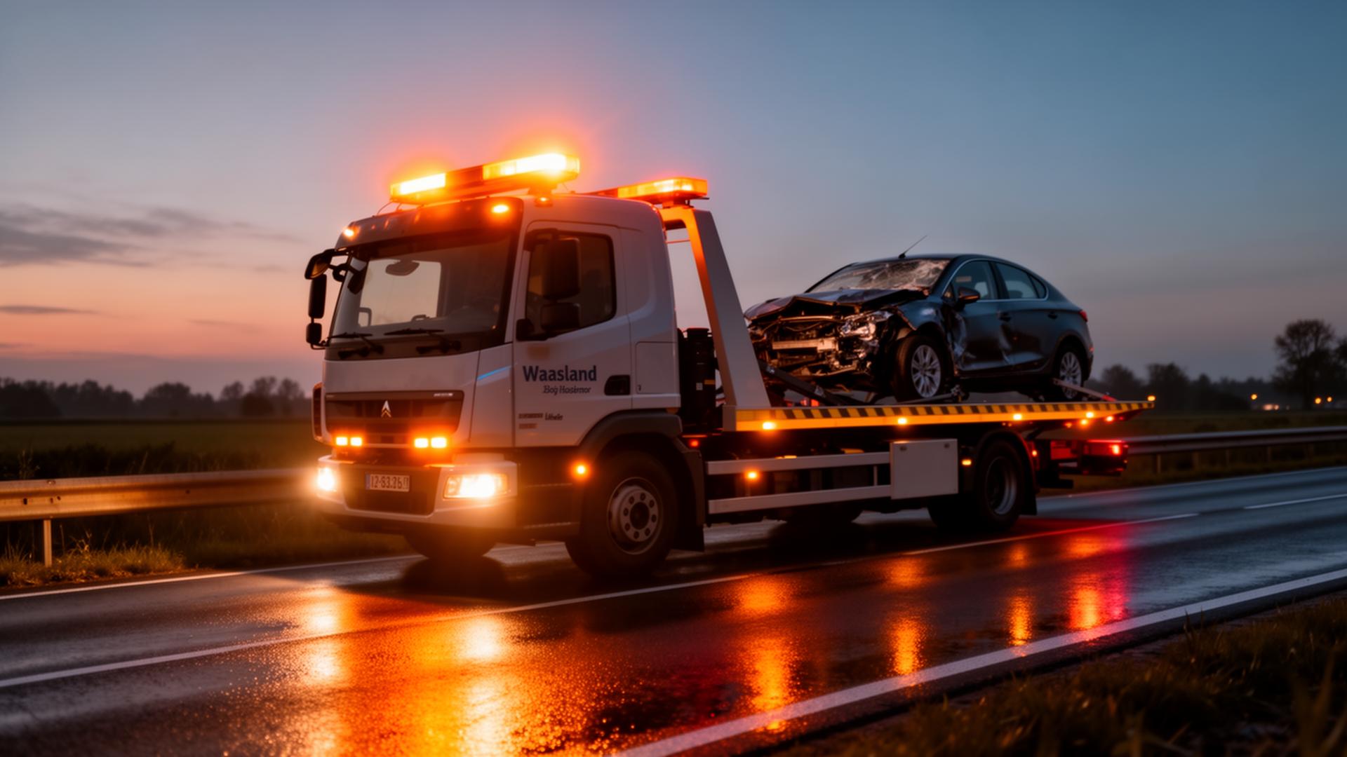 Professionele takelwagen Waasland met oranje zwaailichten